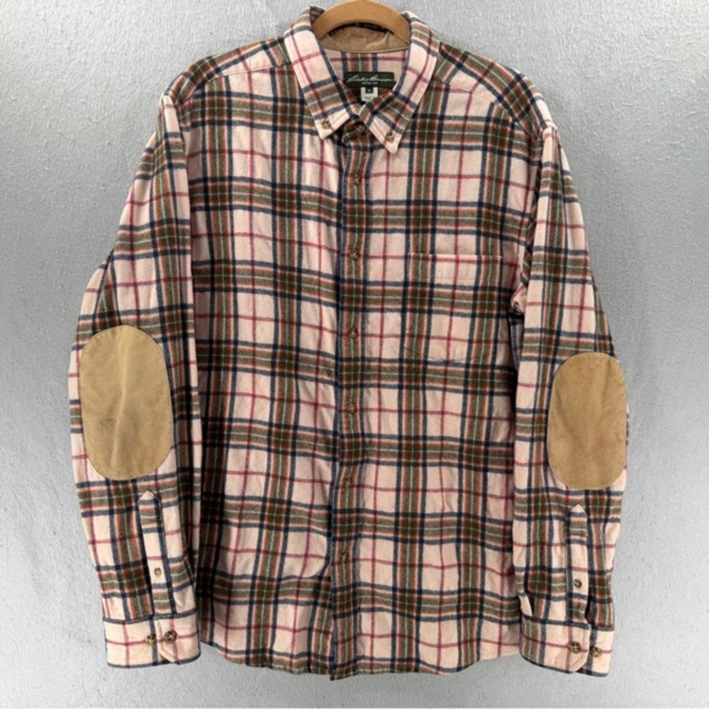 Eddie Bauer Wool Flannel Shirt Mens XL Beige Leather Elbow‎ Patches Lumberjack